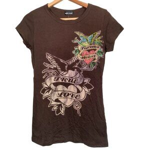 Vintage Y2K Wet Seal Shirt Juniors XL Slim Fit True Love Winged Heart Bling NOS